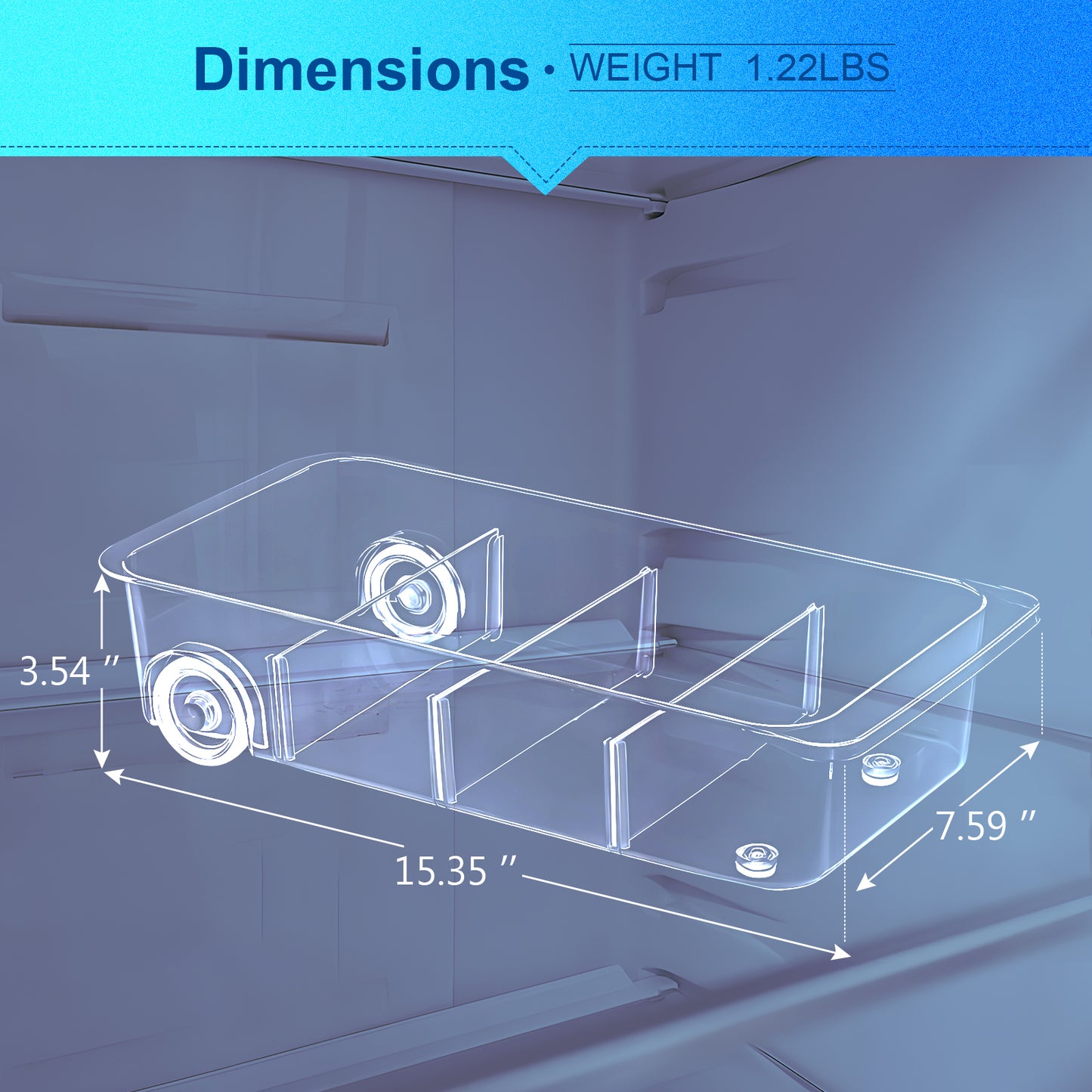 Refrigerator Organizer Bins and Storage Freezer Drawer Clear for Pantry with Wheels and Adjustable Dividers Caddy 7.6" Wide-2 Pack