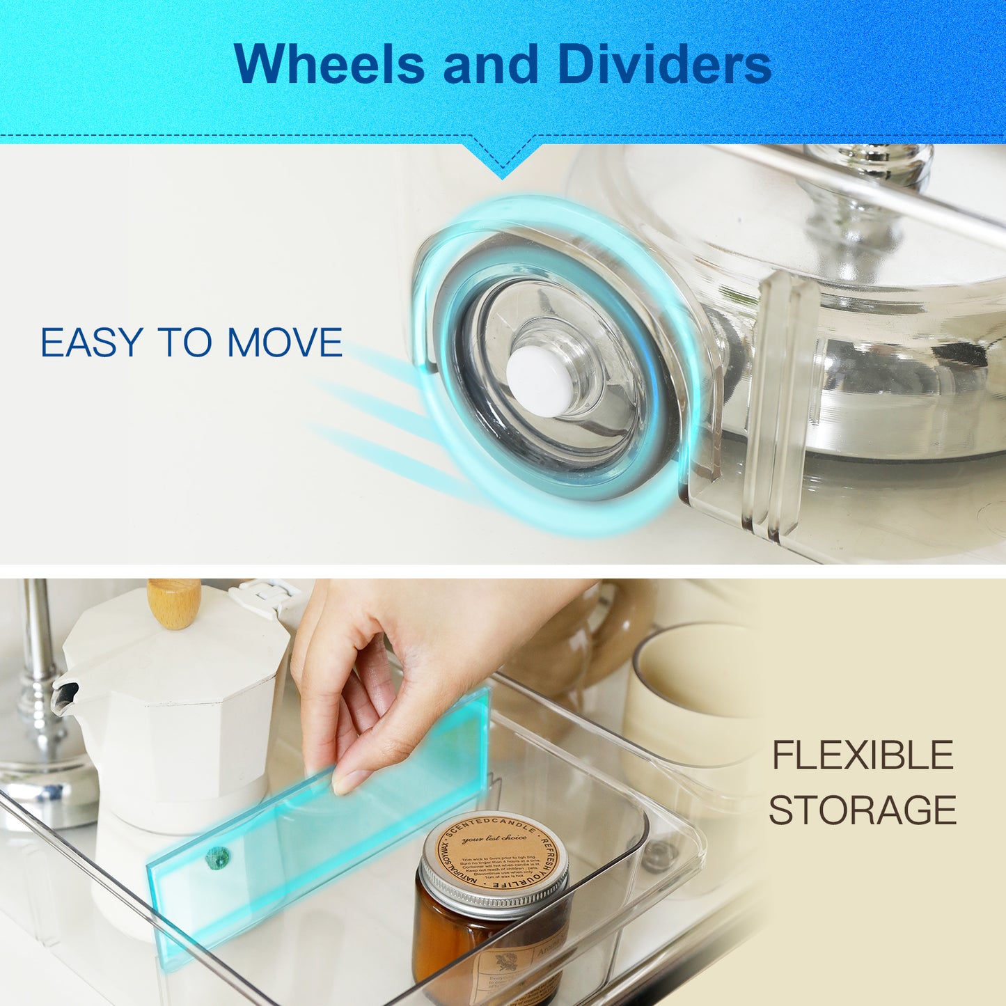 Refrigerator Organizer Bins and Storage Freezer Drawer Clear for Pantry with Wheels and Adjustable Dividers Caddy 7.6" Wide-2 Pack