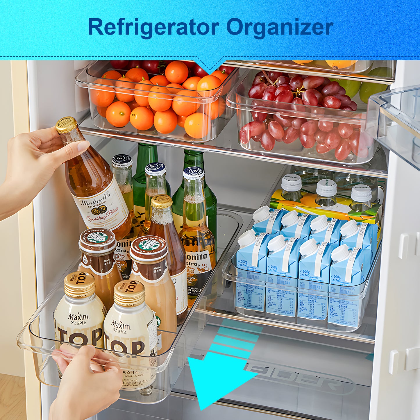 Refrigerator Organizer Bins and Storage Freezer Drawer Clear for Pantry with Wheels and Adjustable Dividers Caddy 7.6" Wide-2 Pack