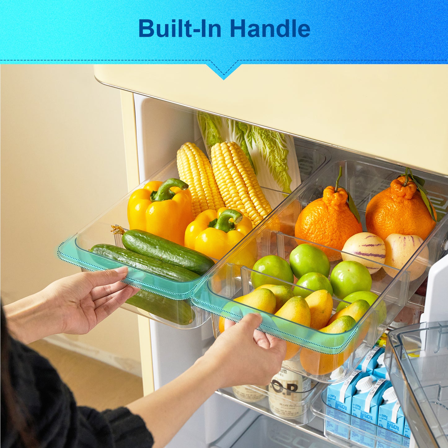 Refrigerator Organizer Bins and Storage Freezer Drawer Clear for Pantry with Wheels and Adjustable Dividers Caddy 7.6" Wide-2 Pack