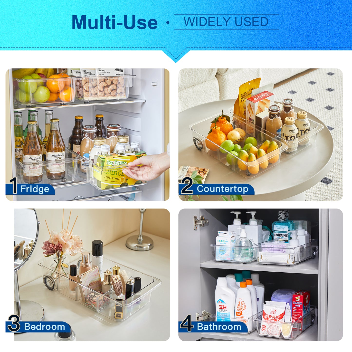 Refrigerator Organizer Bins and Storage Freezer Drawer Clear for Pantry with Wheels and Adjustable Dividers Caddy 7.6" Wide-2 Pack
