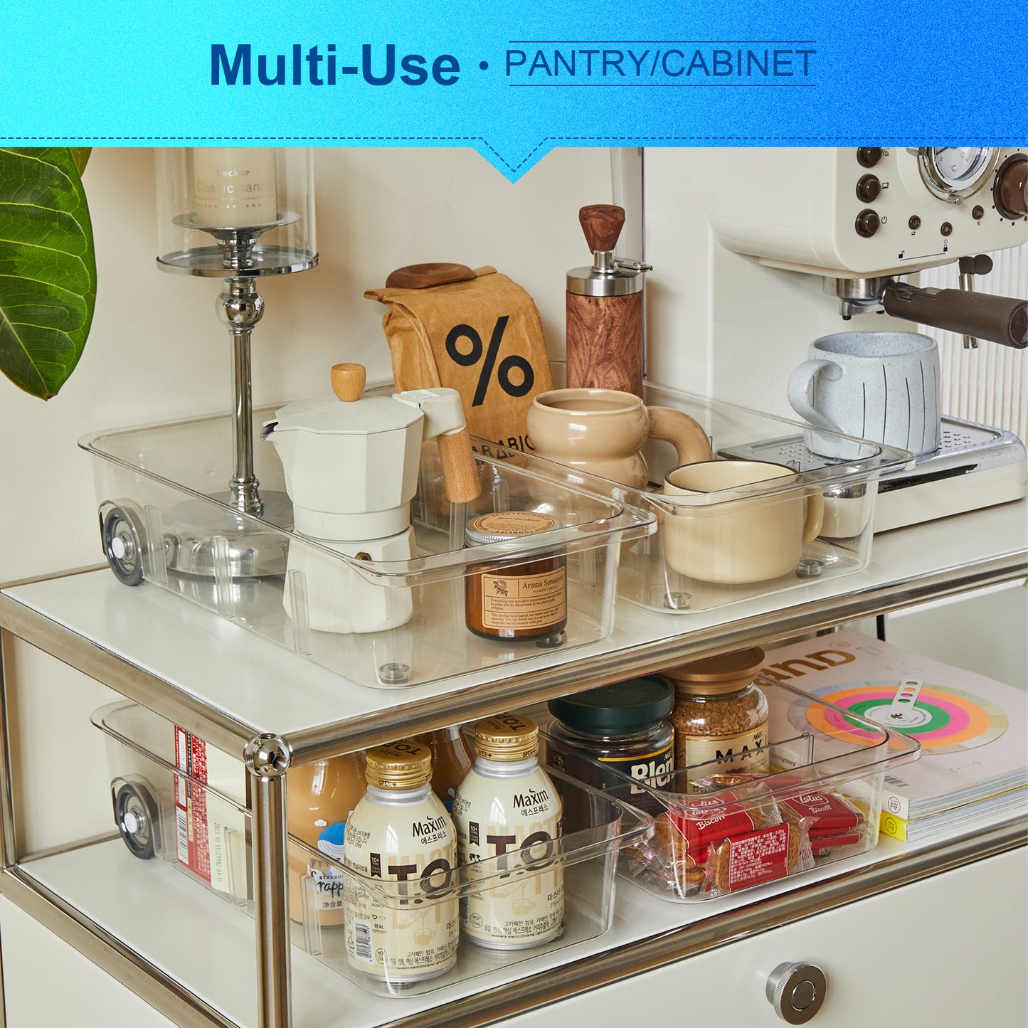 Refrigerator Organizer Bins and Storage Freezer Drawer Clear for Pantry with Wheels and Adjustable Dividers Caddy 7.6" Wide-2 Pack