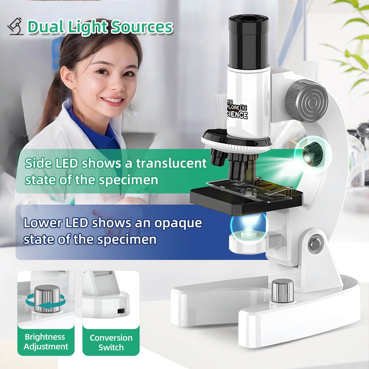 Microscope for Kids Science Kit for Children 200x-4800x with Slides and Accessories Ages 5 Plus Childs (White)