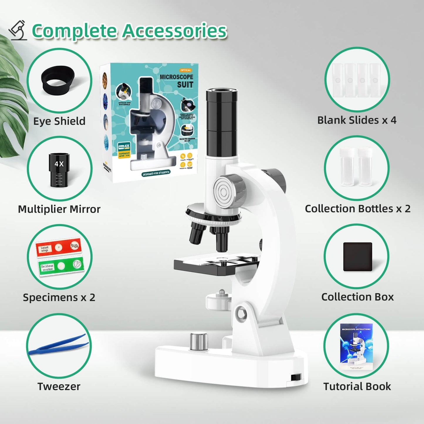 Microscope for Kids Science Kit for Children 200x-4800x with Slides and Accessories Ages 5 Plus Childs (White)