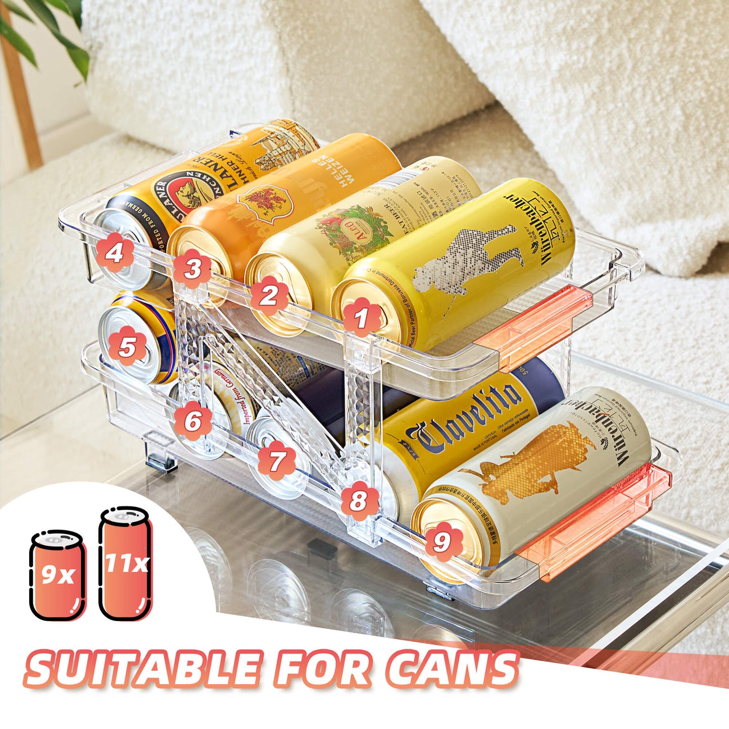 Soda Can Dispenser Organizer for Refrigerator and Stackable Pop Can Holders Drink Storage for Pantry Wide Adjustable (2-Pack Clear)