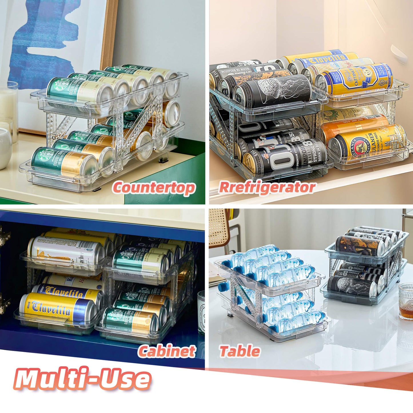 Soda Can Dispenser Organizer for Refrigerator and Stackable Pop Can Holders Drink Storage for Pantry Wide Adjustable (2-Pack Clear)