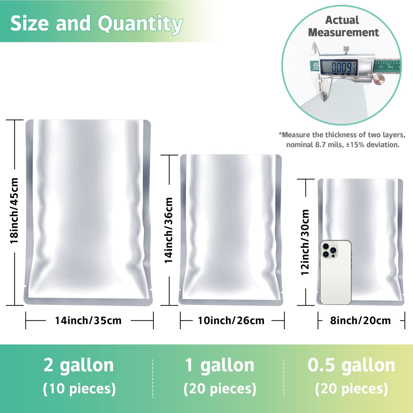 Mylar Bags for Food Storage with Oxygen Absorbers and Stickers Long Term 8.7 Mil Gallon Aluminum Foil (50 PCS, 14"x18", 10"x14", 8"x12")