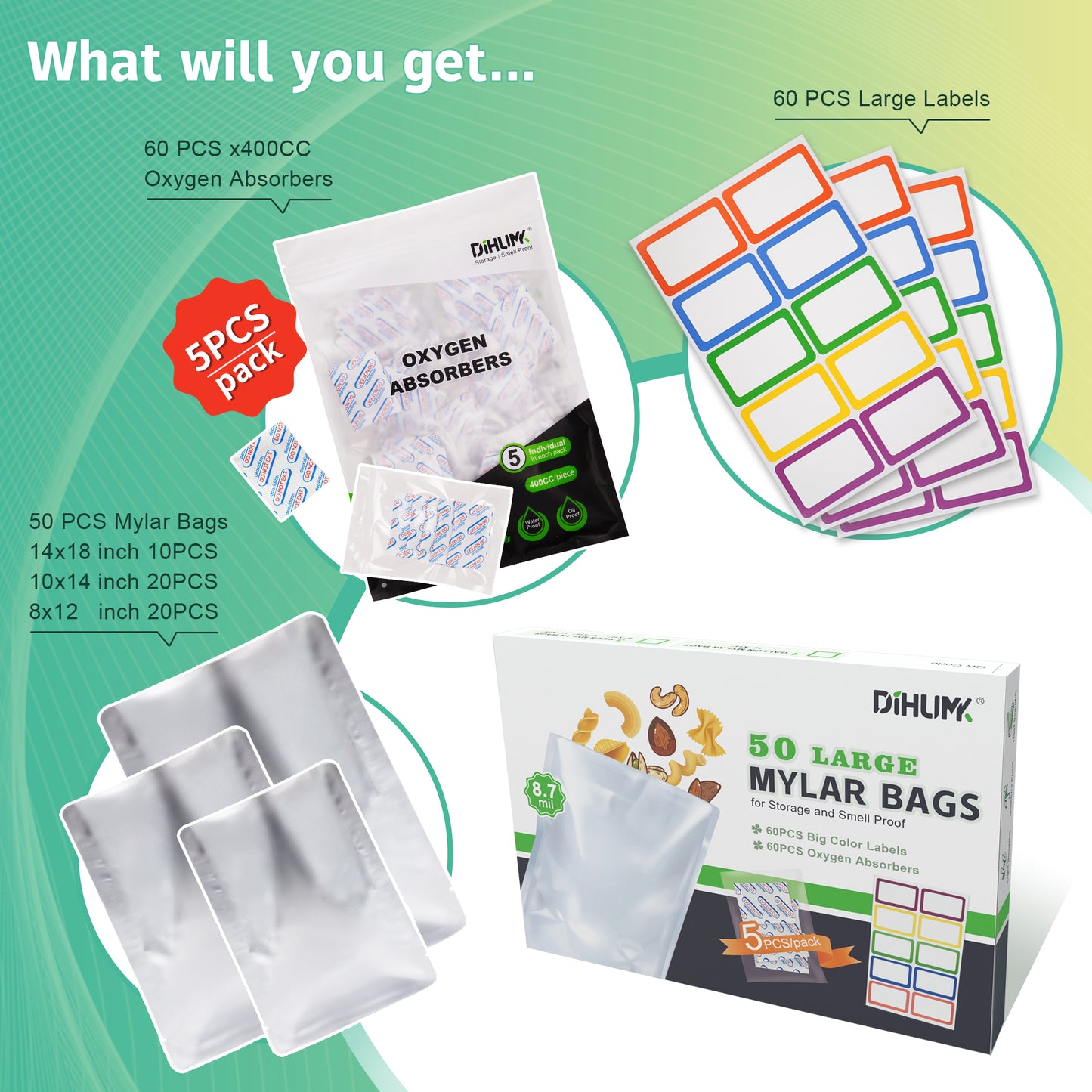 Mylar Bags for Food Storage with Oxygen Absorbers and Stickers Long Term 8.7 Mil Gallon Aluminum Foil (50 PCS, 14"x18", 10"x14", 8"x12")