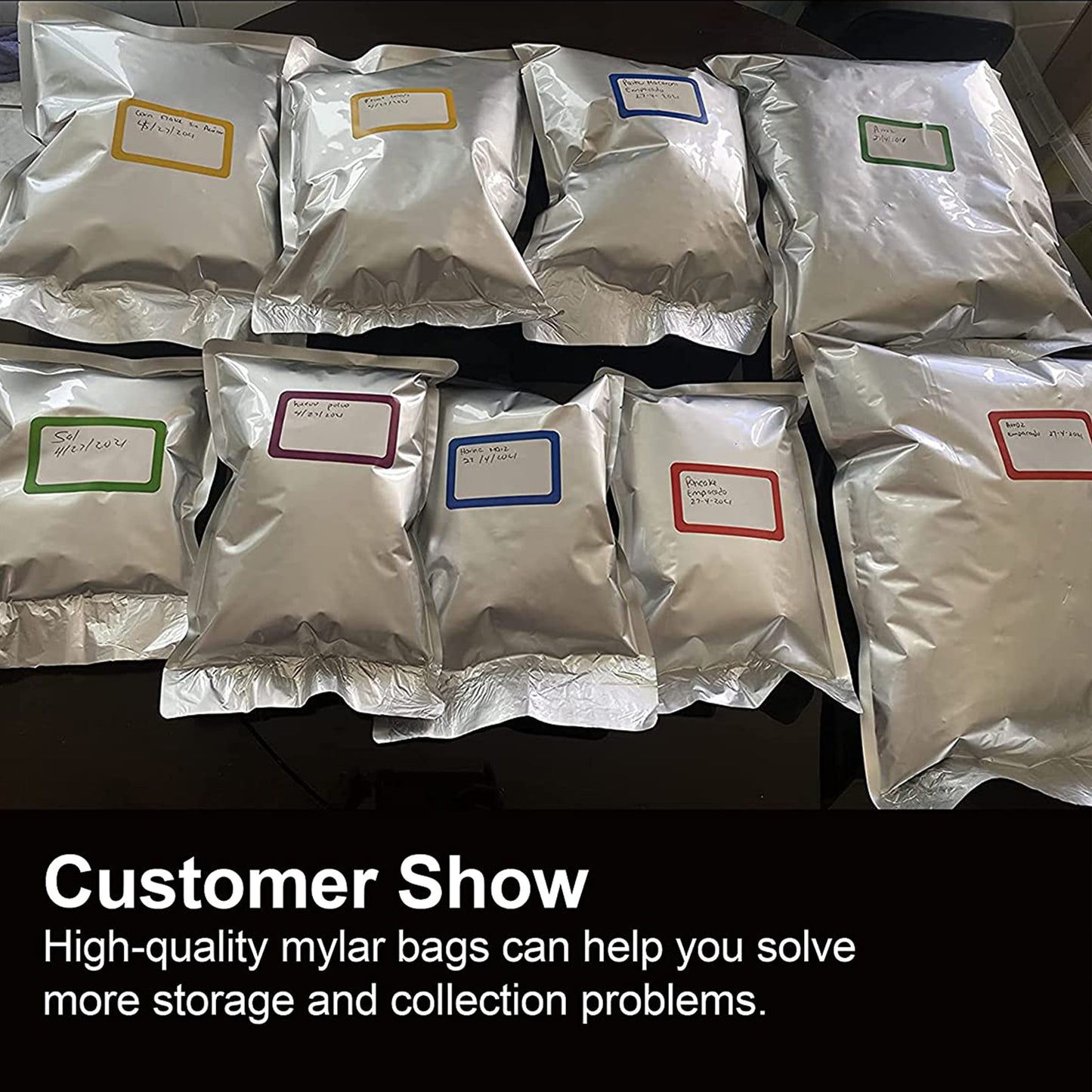 Mylar Bags for Food Storage with Oxygen Absorbers and Stickers Long Term 8.7 Mil Gallon Aluminum Foil (50 PCS, 14"x18", 10"x14", 8"x12")