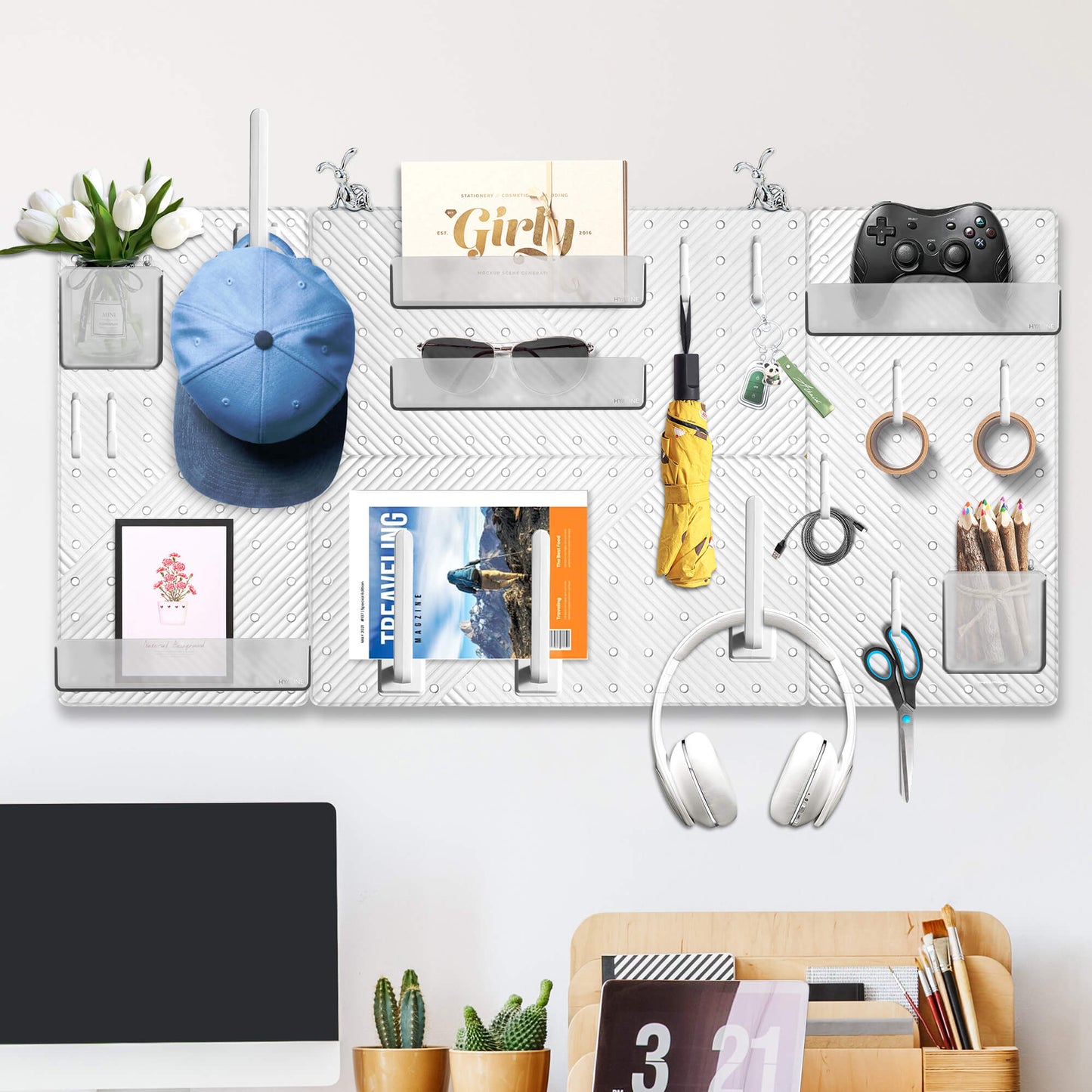Peg Board Wall Organizer Desk and Gaming Small Pegboard Kit for Office and Kitchen 16.5''x16.5'' (2-Pack Grey-Clear)