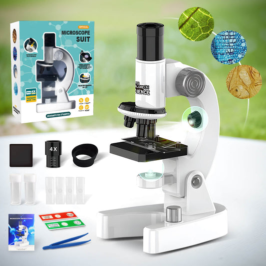 Microscope for Kids Science Kit for Children 200x-4800x with Slides and Accessories Ages 5 Plus Childs (White)