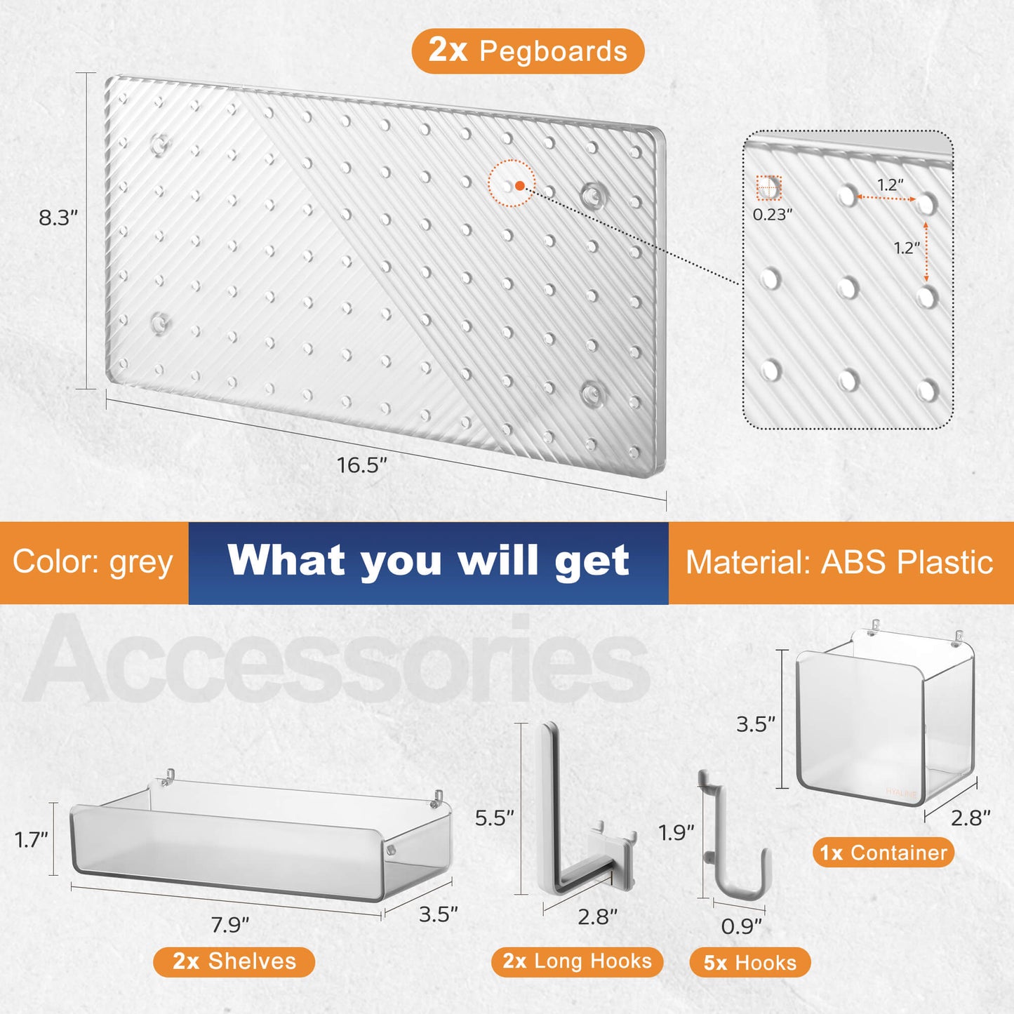 Peg Board Wall Organizer Desk and Gaming Small Pegboard Kit for Office and Kitchen 16.5''x16.5'' (2-Pack Grey-Clear)