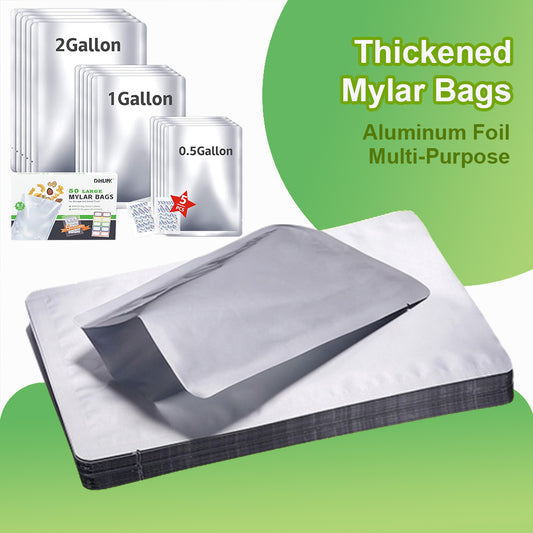 Mylar Bags for Food Storage with Oxygen Absorbers and Stickers Long Term 8.7 Mil Gallon Aluminum Foil (50 PCS, 14"x18", 10"x14", 8"x12")