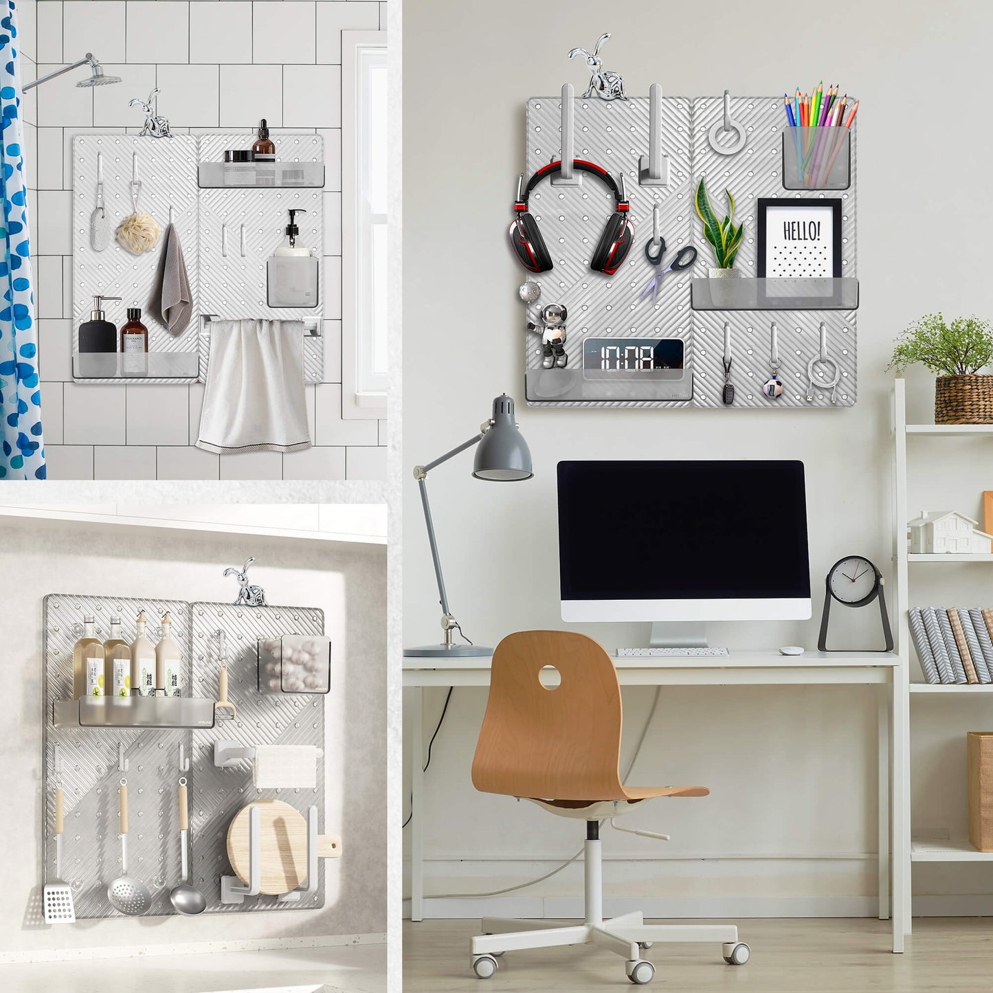 Peg Board Wall Organizer Desk and Gaming Small Pegboard Kit for Office and Kitchen 16.5''x16.5'' (2-Pack Grey-Clear)