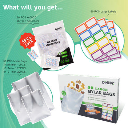 Mylar Bags for Food Storage with Oxygen Absorbers and Stickers Long Term 8.7 Mil Gallon Aluminum Foil (50 PCS, 14"x18", 10"x14", 8"x12")